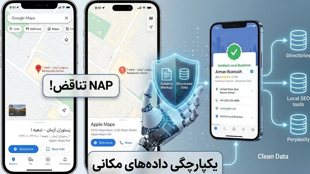 Split screen showing smartphone interfaces: left with a Google Maps conflicting business address for 'رستوران آرمان - شعبه ۱', right with a different Apple Maps address. A center graphic marked 'NAP تناقض!' unifies them into a single, clean verified local listing on a central