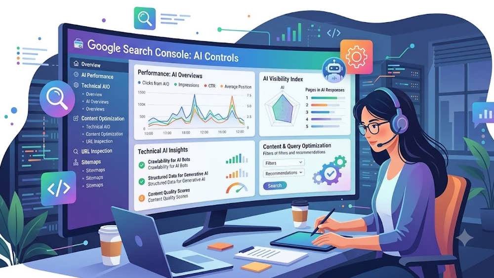 تصویرسازی از یک متخصص سئو که در حال بررسی کنترل های داشبورد «سرچ کنسول گوگل» (Google Search Console) برای تنظیمات نمایش «AI Overviews» و «حالت هوش مصنوعی» (AI Mode) است.