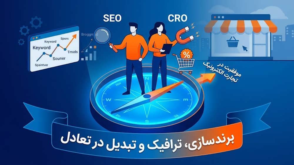 یک تصویر گرافیکی که همکاری سئو و بهینه سازی نرخ تبدیل را روی یک قطب نمای موفقیت نشان می دهد