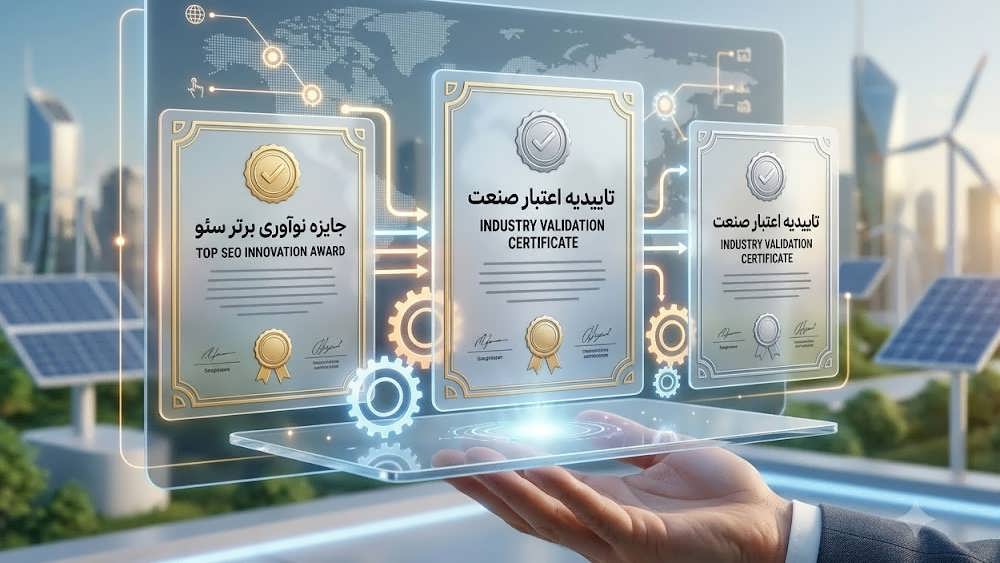 یک تصویر مفهومی از چندین گواهی دیجیتال و شفاف از جوایز معتبر شخص ثالث که به صورت یک سازه نوری در یک فضای مدرن نمایش داده می شوند و سیگنال های اعتمادی برای موتور سنتز هوش مصنوعی هستند.