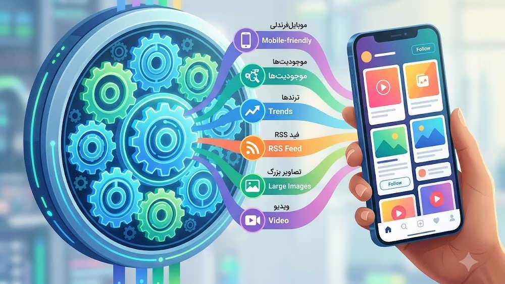 یک اینفوگرافیک مفهومی که نشان می دهد یک هاب مرکزی بزرگ ساخته شده از چرخ دنده های درخشان، پرتوهای نوری را ساطع می کند که به یک گوشی هوشمند متصل هستند و فید گوگل دیسکاور را نمایش می دهد.