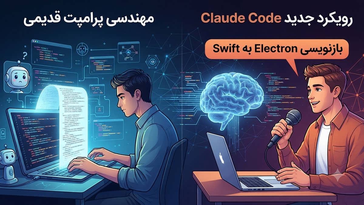 تصویری مفهومی که تضاد بین مهندسی پرامپت سنتی (تایپ دستورات طولانی و پیچیده توسط انسان در سمت چپ) و رویکرد جدید Claude Code (دستور صوتی مستقیم و اجرای خودکار توسط هوش مصنوعی در سمت راست) را نشان می‌دهد.