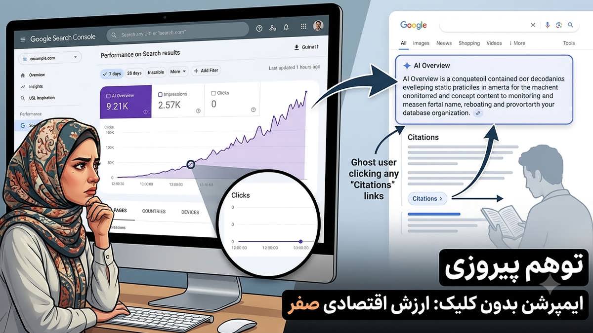 یک تصویر انتزاعی که کاربری را نشان می‌دهد که در حال خواندن یک کادر خلاصه تولید شده توسط هوش مصنوعی، مستقیماً در صفحه نتایج موتور جستجو و بدون کلیک روی هیچ لینک وب‌سایت خارجی است.