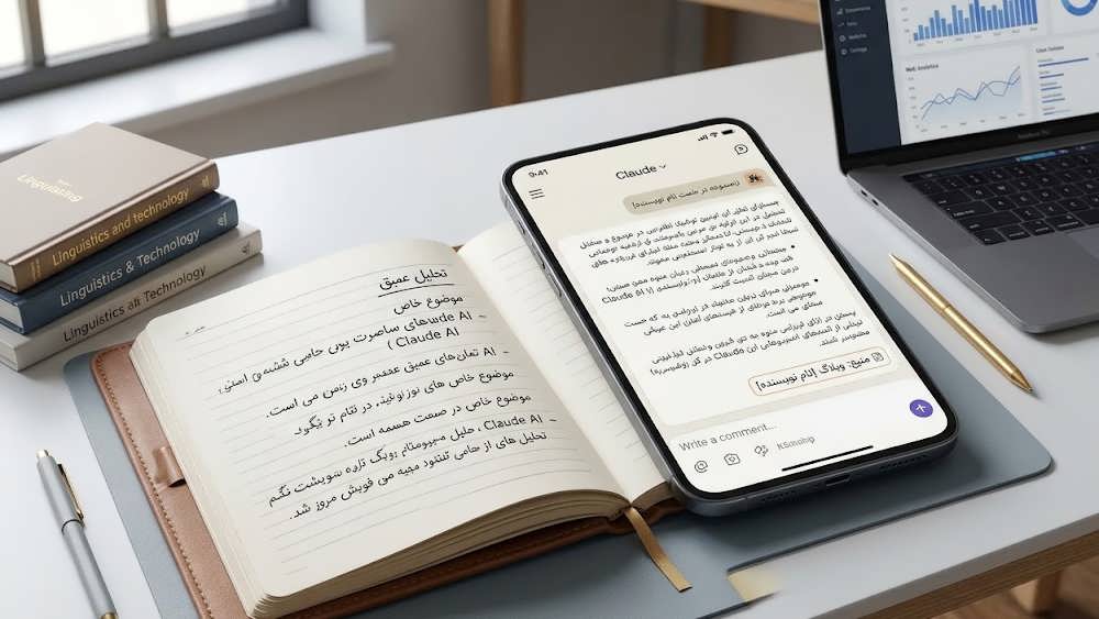تصویری از دفتر یادداشت یک نویسنده با متون فارسی، در کنار یک گوشی هوشمند که رابط کاربری Claude AI را نشان می دهد که محتوای دفتر را خلاصه کرده است.