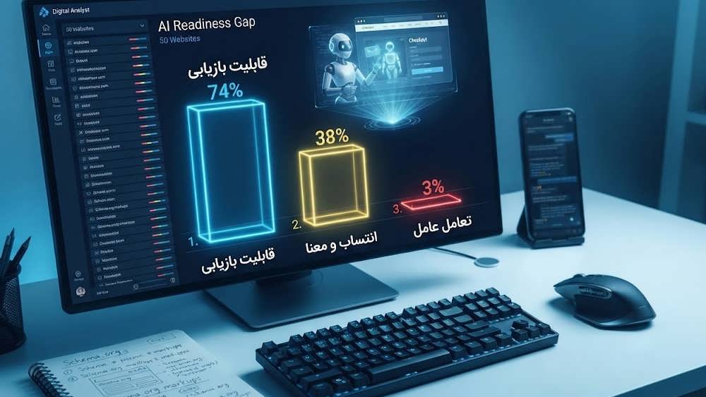 تصویر داده نمایی روی مانیتور که درصد موفقیت سایت ها را در سه لایه قابلیت بازیابی، انتساب معنا و تعامل عامل نشان می دهد و شکاف بزرگ را آشکار می کند.