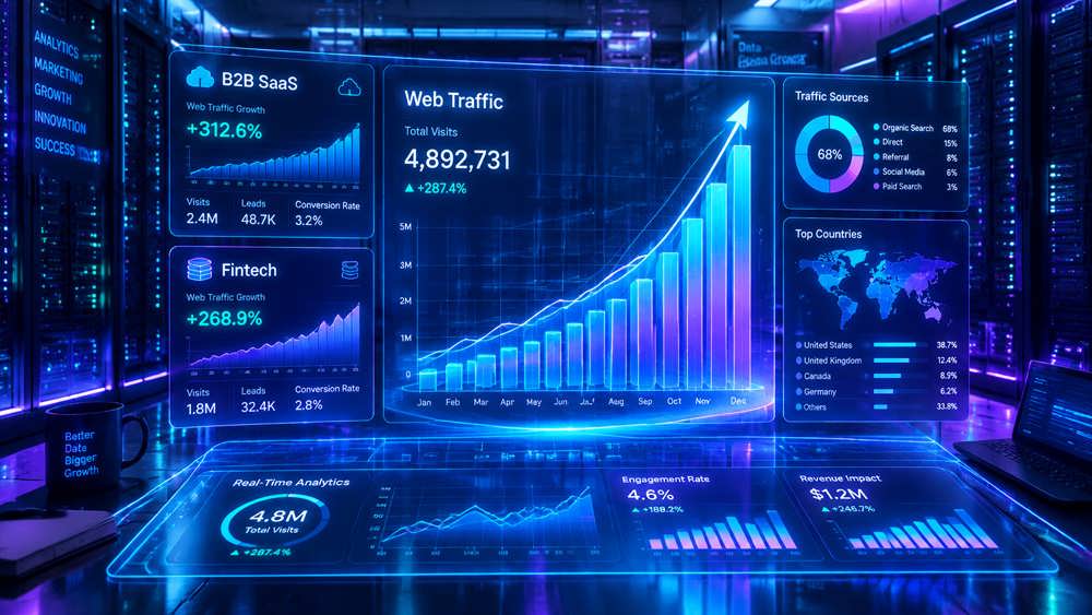 داشبورد آنالیز داده نشان دهنده جهش ترافیک ارجاعی از هوش مصنوعی برای کسب وکارهای B2B و فین تک