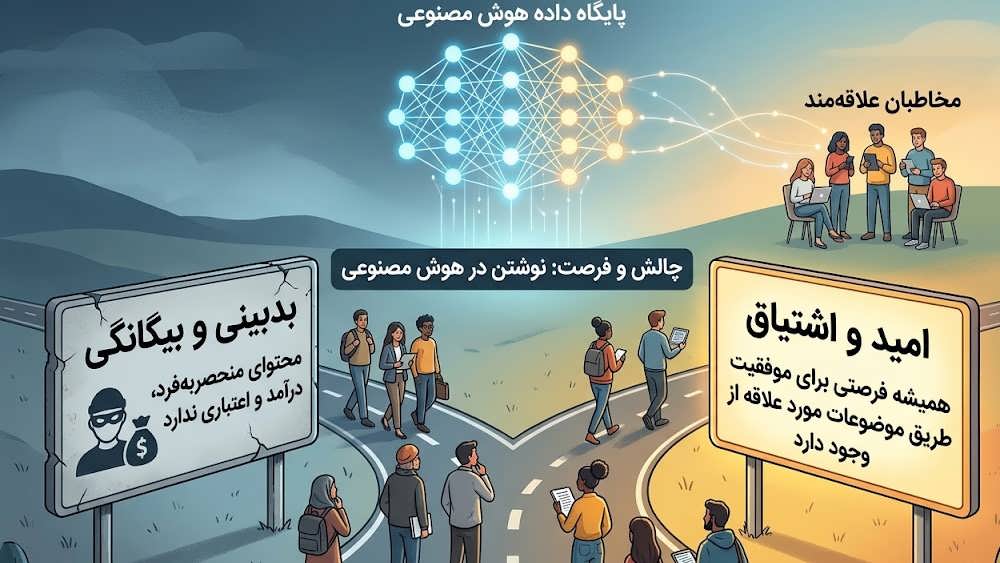 تصویر تابلوی دوراهی با عنوان های 'بدبینی و بیگانگی' در مقابل 'امید و اشتیاق' در نوشتن محتوا در زمان حضور هوش مصنوعی.