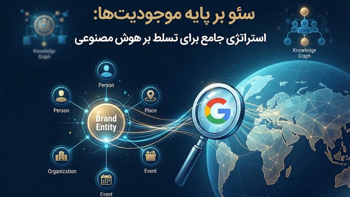 گراف دانش گوگل در حال تحلیل و اتصال موجودیت‌های برند شامل شخص، مکان و سازمان برای ایجاد هویت دیجیتال.