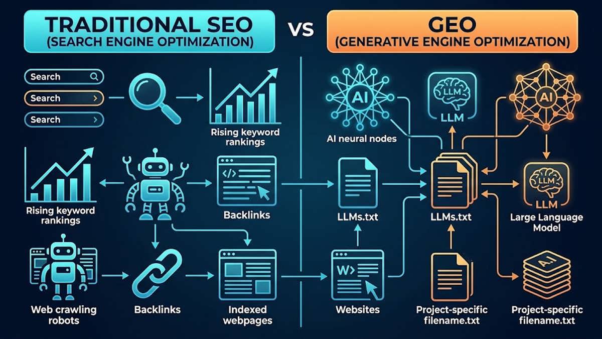 مقایسه تصویری GEO و SEO: تقابل بهینه‌سازی موتورهای پاسخگو با سئوی سنتی گوگل
