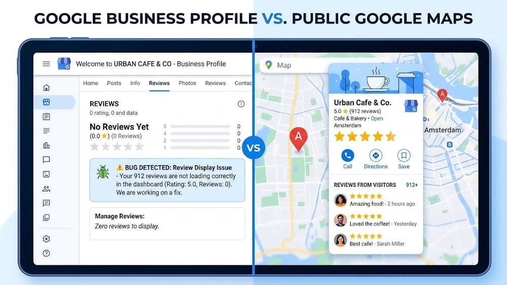 مقایسه باگ پیام You have no reviews yet در داشبورد گوگل با نمایش درست نظرات در گوگل مپ