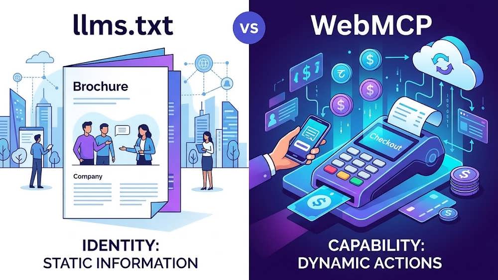 مقایسه فایل llms.txt به عنوان بروشور و استاندارد WebMCP به عنوان ابزار ایجاد تعامل