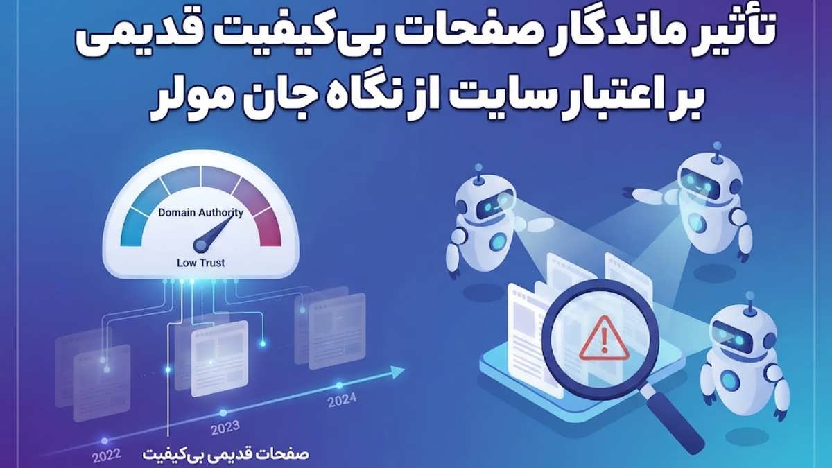 اینفوگرافیک بصری که نشان می‌دهد صفحات بی‌کیفیت قدیمی چگونه بر قضاوت کلی الگوریتم‌های گوگل درباره اعتبار دامنه اثر منفی می‌گذارند.