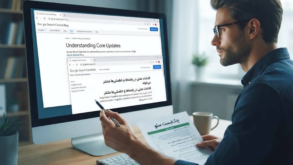 متخصص سئو در حال مطالعه مستندات رسمی گوگل برای یافتن دستورالعمل های آپدیت های هسته روی مانیتور.