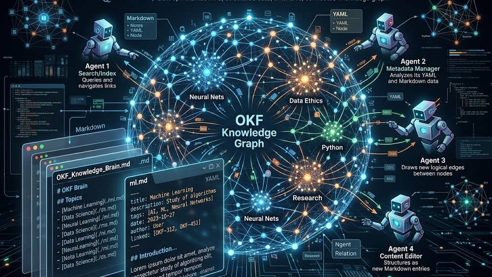 تصویر گرافیکی ساختار فایل های OKF شامل کد متادیتا YAML، فایل شاخص index.md و گراف ارتباطی مفاهیم.