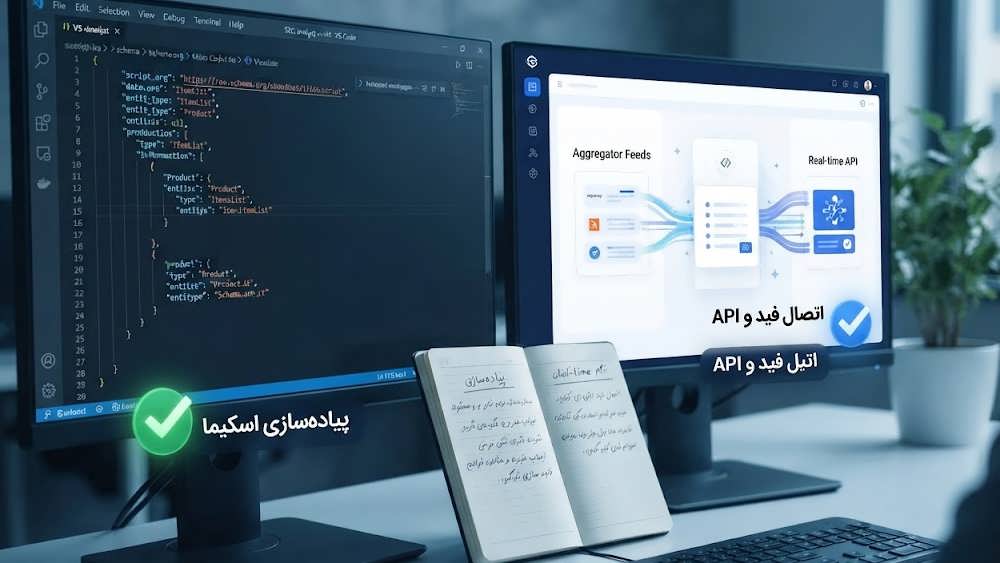 نمایشگرهای دوگانه یک تحلیلگر سئو که کدهای اسکیما (سمت راست) و اتصالات فید داده (سمت چپ) را برای واجد شرایط شدن در نتایج جستجوی گوگل مقایسه می کنند.