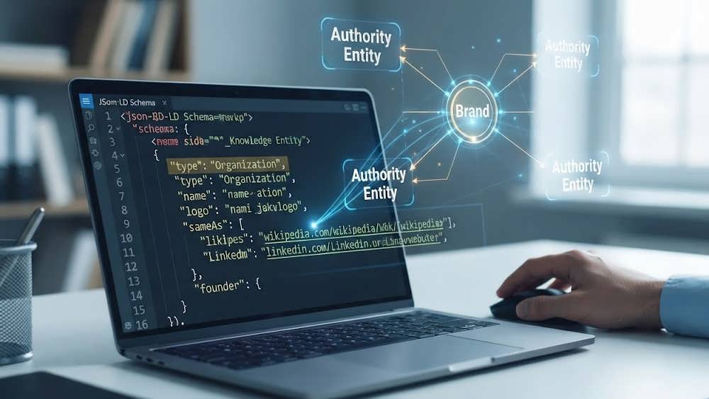 استفاده از کدهای JSON-LD برای تعریف موجودیت سازمان و لینک سازی به پروفایل های اجتماعی و ویکی پدیا جهت اثبات هویت.