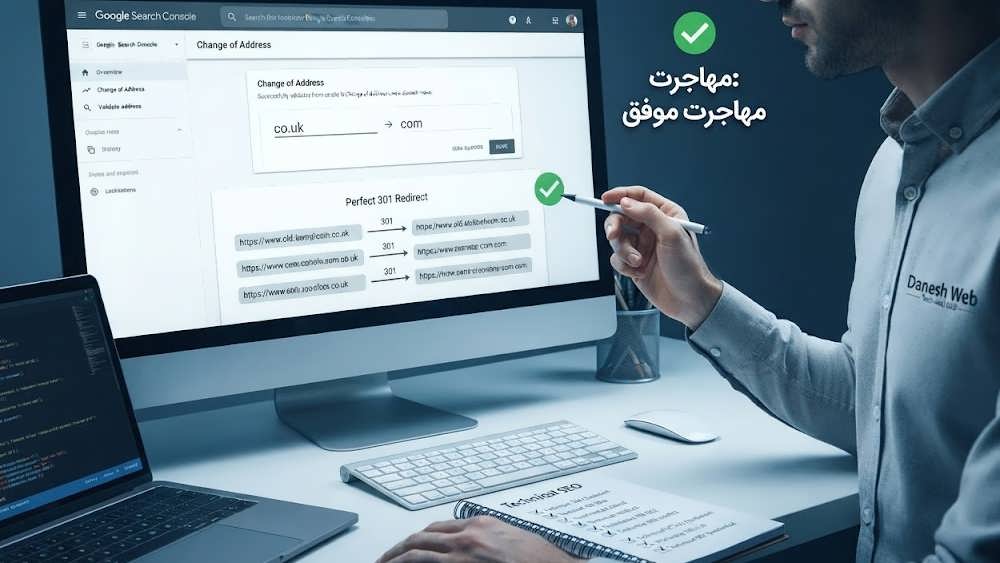 متخصص سئو در حال بررسی فنی انتقال دامنه در گوگل سرچ کنسول و اطمینان از صحت ریدایرکت ها.
