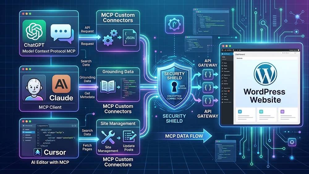 متن جایگزین: نمودار اتصال ChatGPT، Claude و Cursor به وردپرس از طریق یک رابط MCP سفارشی