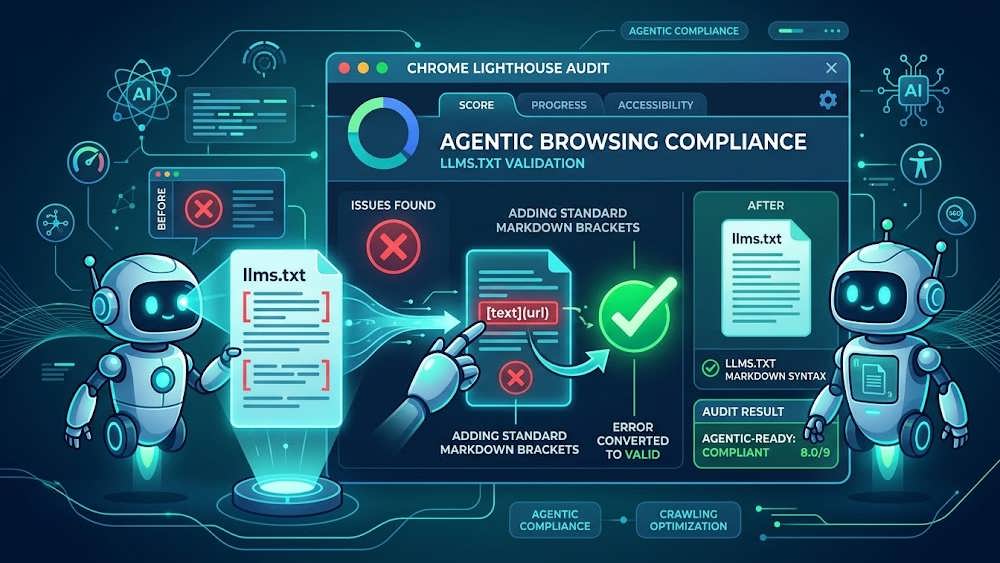 خطای حسابرسی لایت هاوس کروم برای فایل llms.txt و تبدیل آن به تایید سبز با سینتکس مارک داون