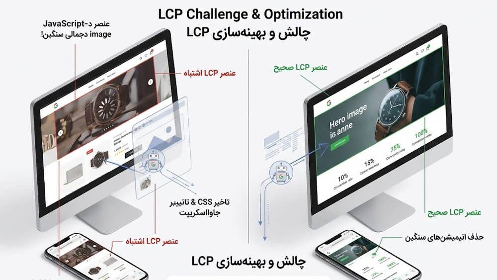 مقایسه تشخیص عنصر LCP صحیح و اشتباه در صفحه دارای اسلایدر سنگین